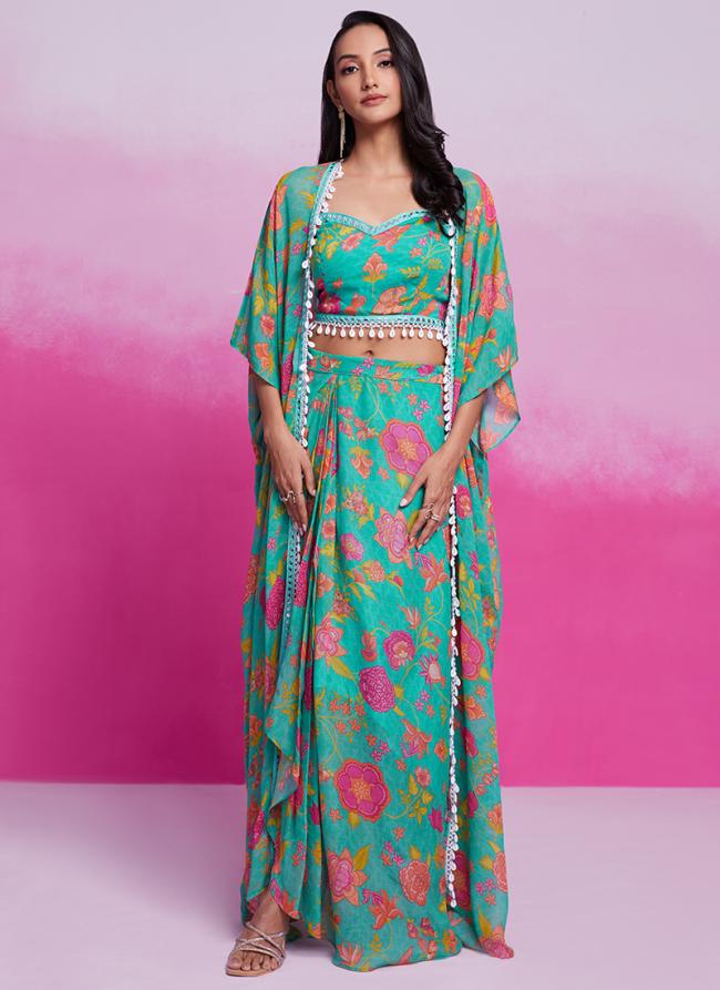 Georgette Turquoise Blue Party Wear Printed Readymade Indo Western